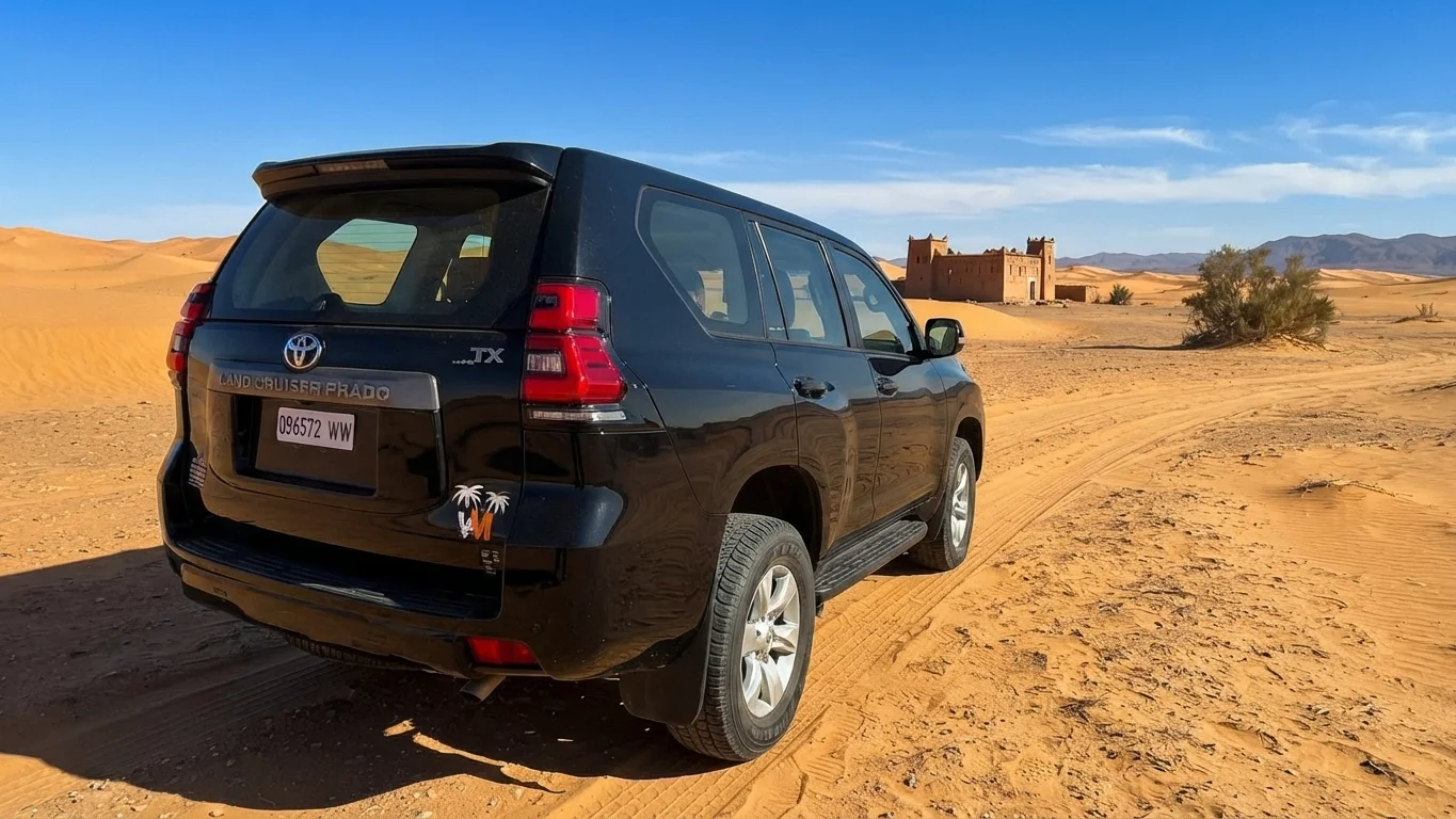 Toyota Land Cruiser in the Moroccan desert with a kasbah in the background