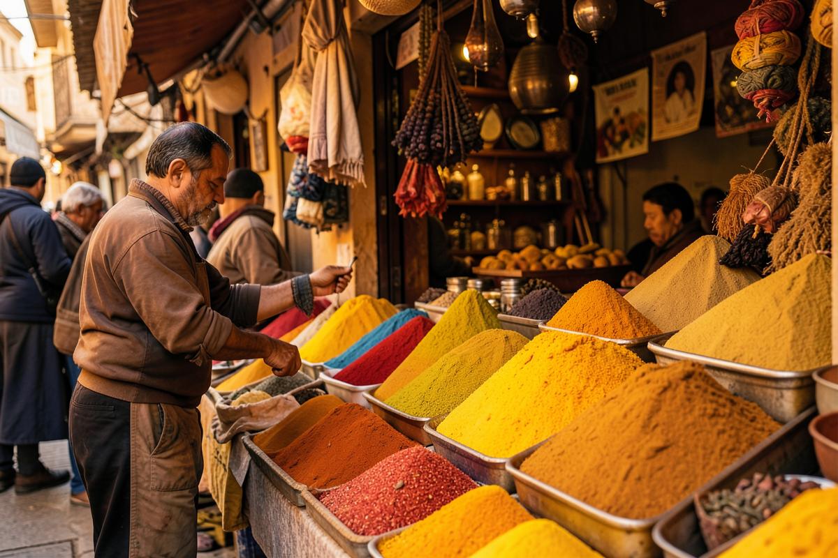 Bowls of colourful spices in a Moroccan market
