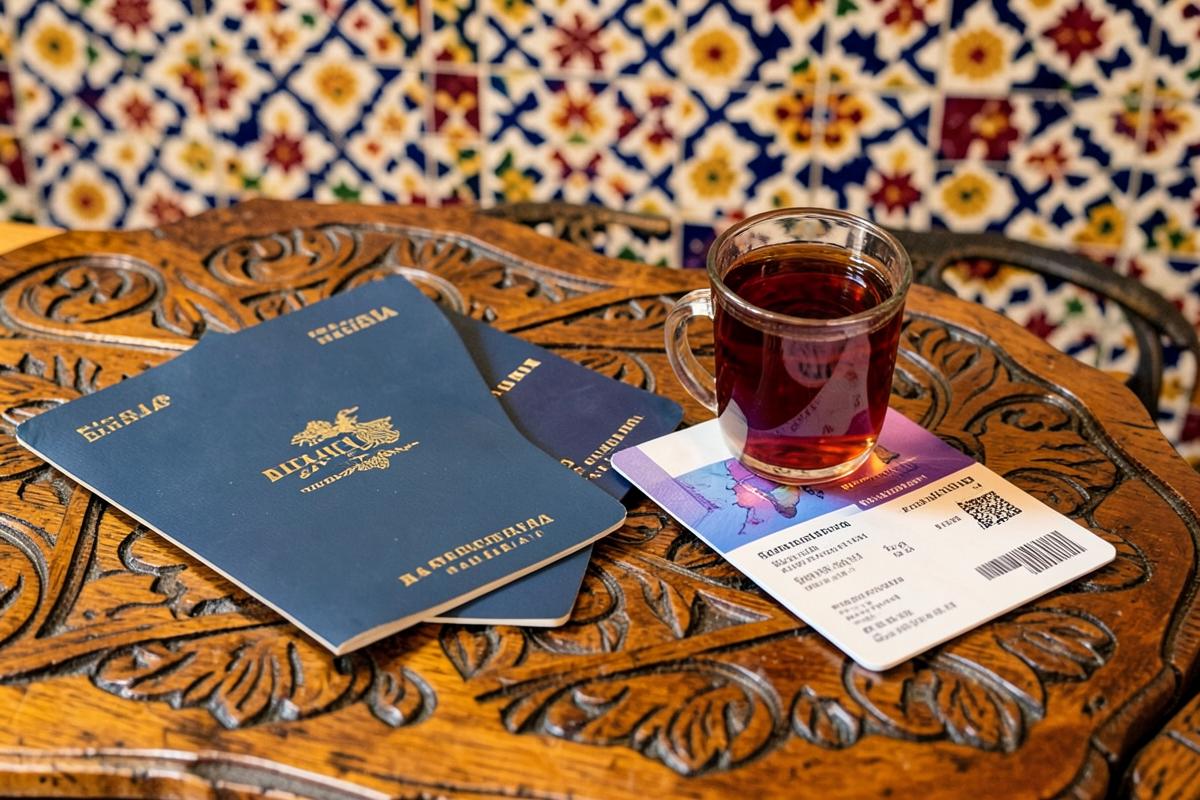Passport, travel documents and Moroccan mint tea on a patterned table