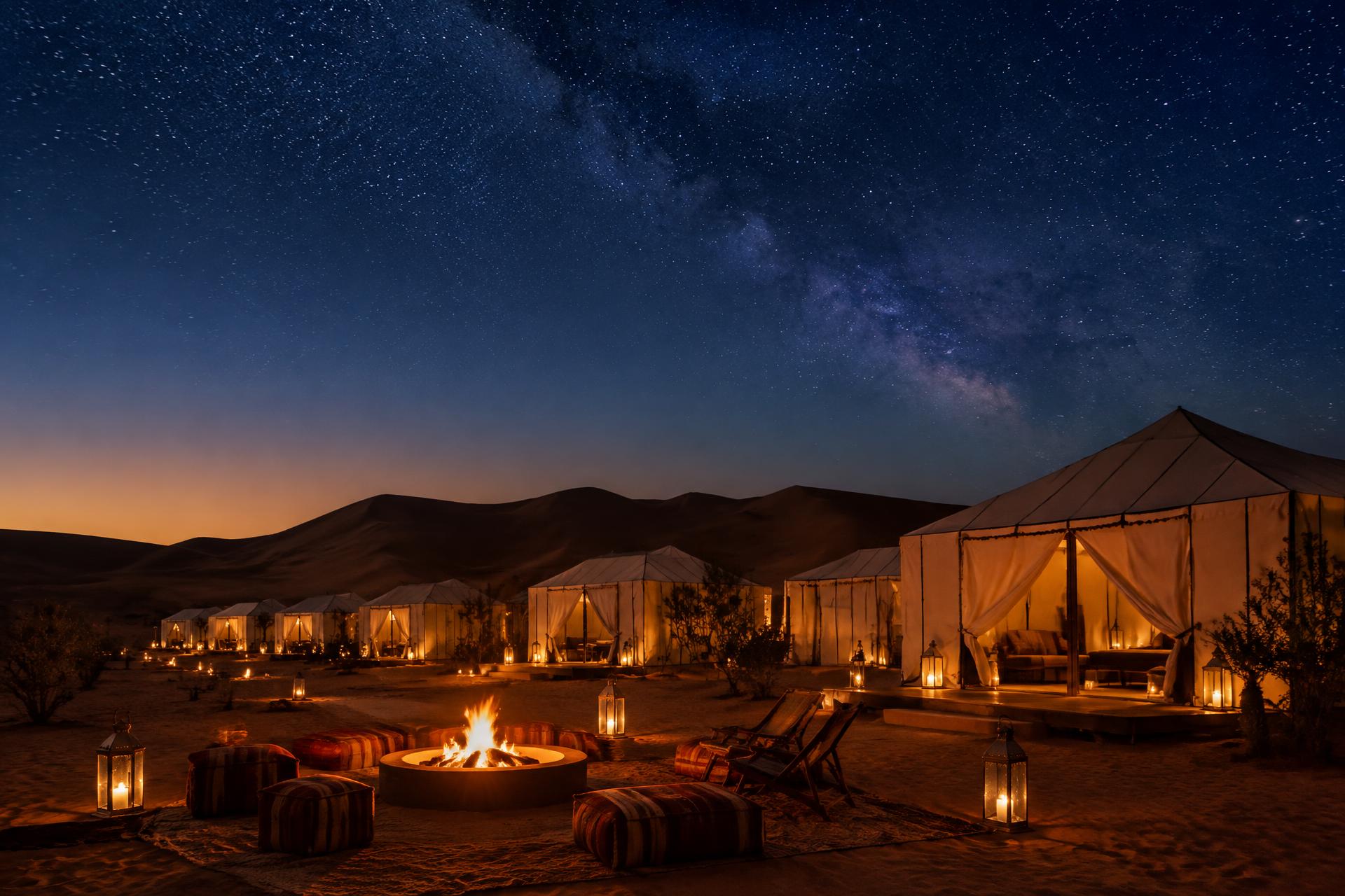 Berber tents illuminated beneath the Milky Way in the Sahara