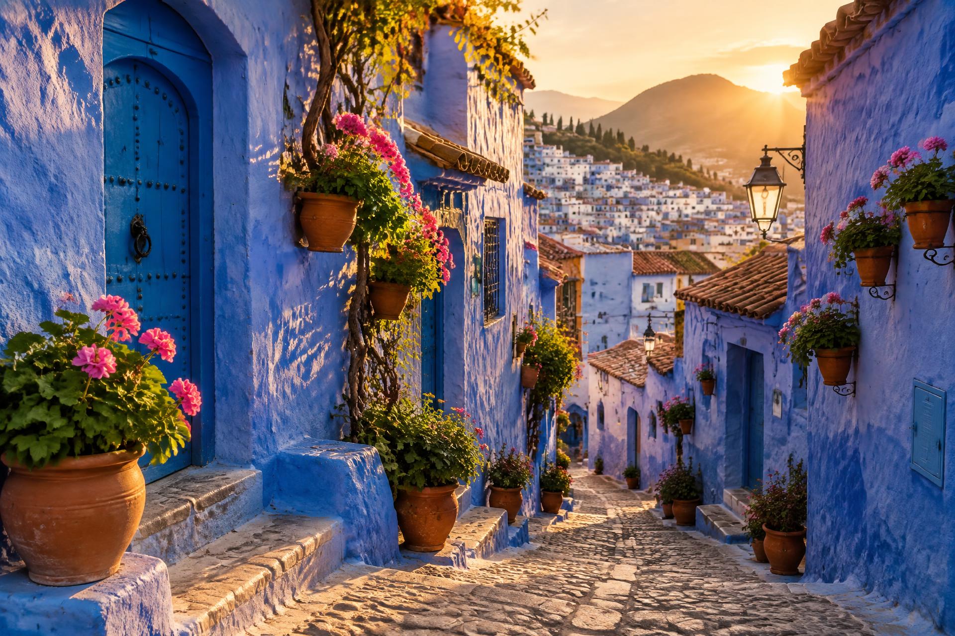 Blue-washed lane in Chefchaouen lit by early sunlight