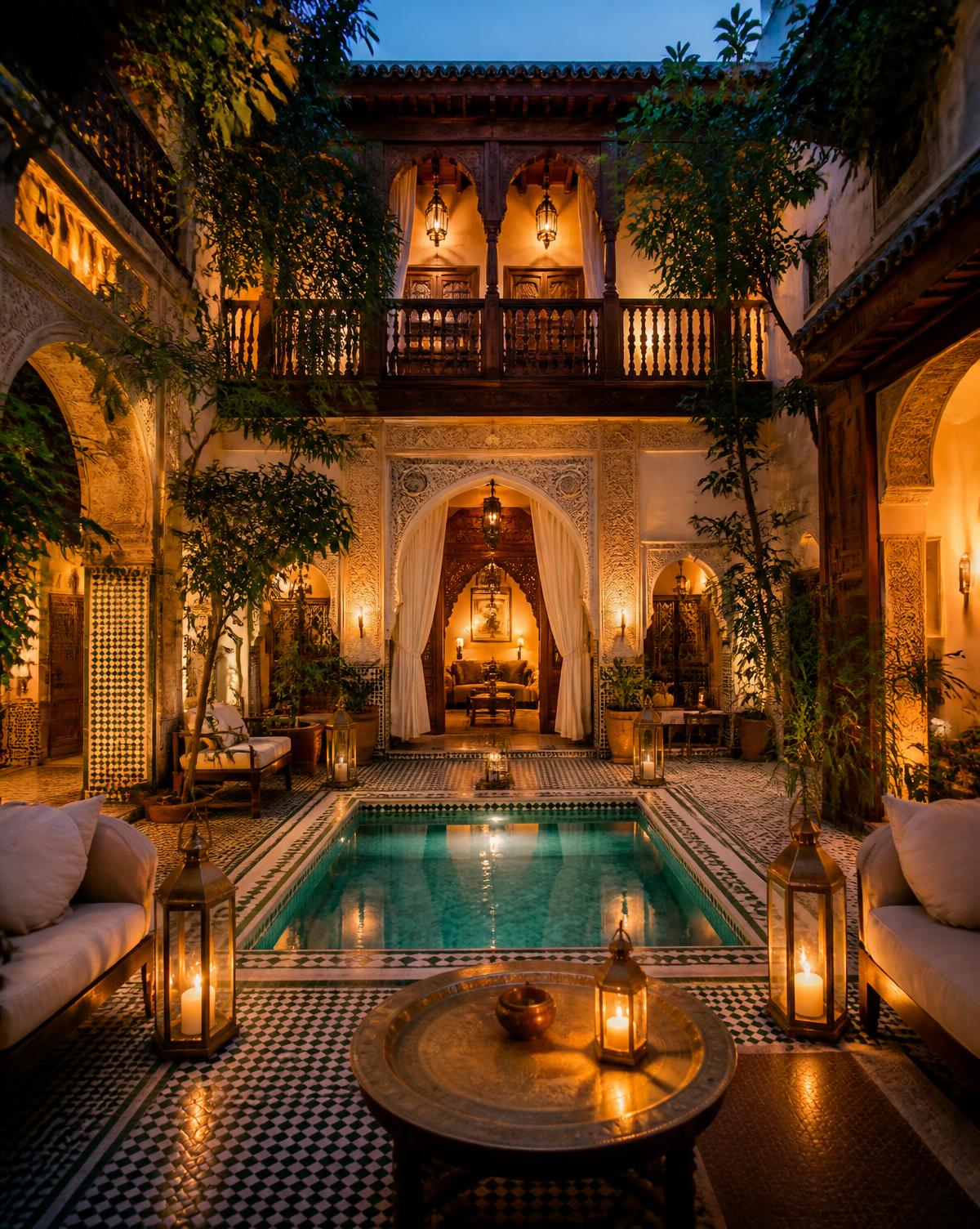 Ornate courtyard and reflecting pool in a Moroccan riad